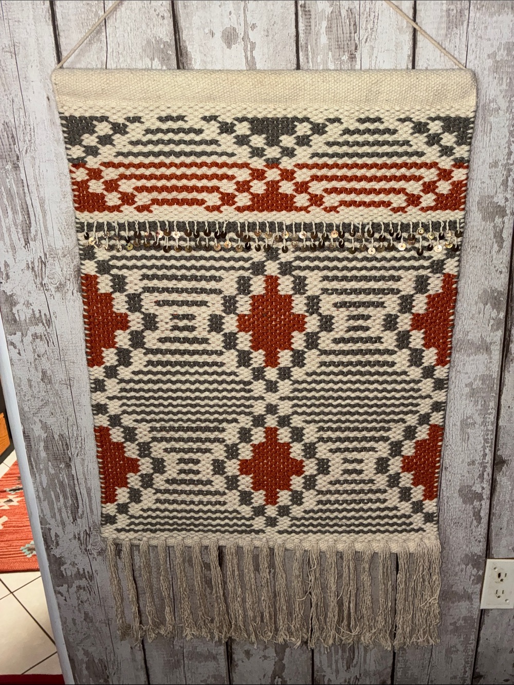 Source Unknown Rust, Cream & Gray Geometric Woven Tapestry